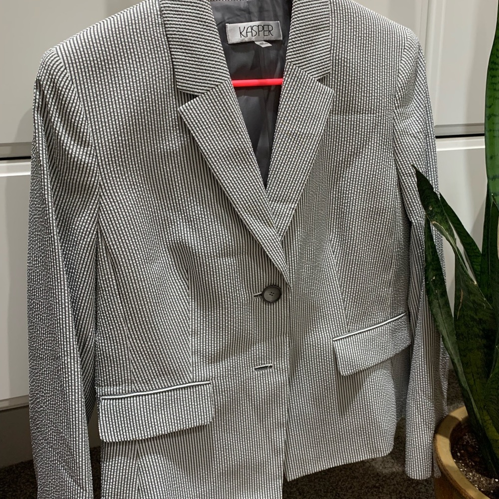 Grey and white seersucker blazer jacket